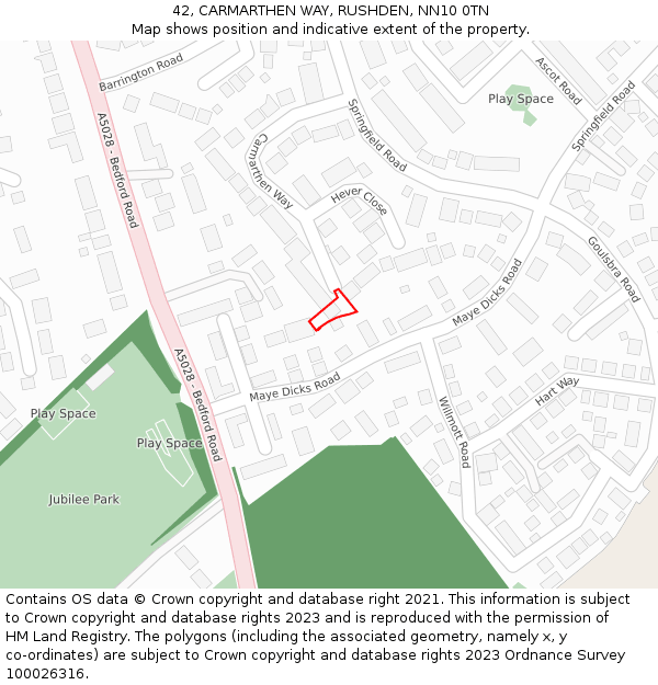 42, CARMARTHEN WAY, RUSHDEN, NN10 0TN: Location map and indicative extent of plot