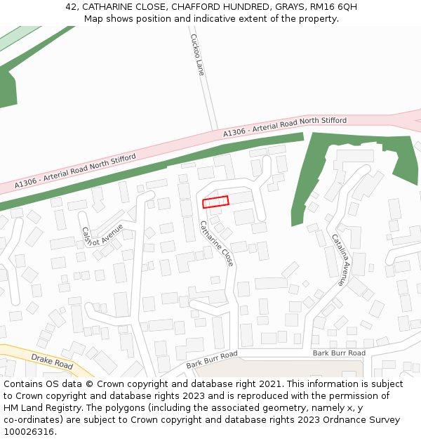 42, CATHARINE CLOSE, CHAFFORD HUNDRED, GRAYS, RM16 6QH: Location map and indicative extent of plot