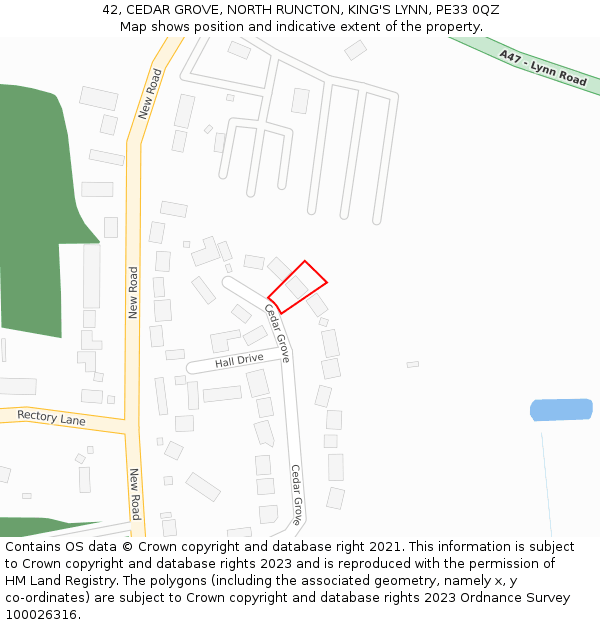 42, CEDAR GROVE, NORTH RUNCTON, KING'S LYNN, PE33 0QZ: Location map and indicative extent of plot