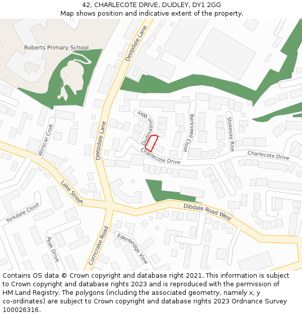 42, CHARLECOTE DRIVE, DUDLEY, DY1 2GG: Location map and indicative extent of plot