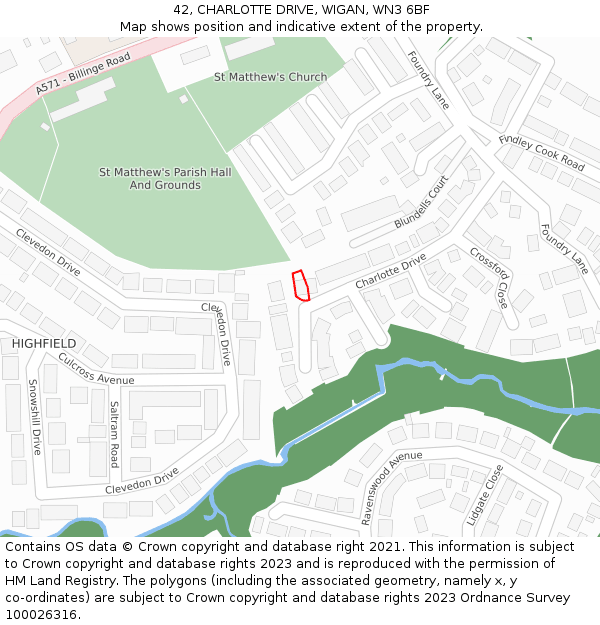 42, CHARLOTTE DRIVE, WIGAN, WN3 6BF: Location map and indicative extent of plot