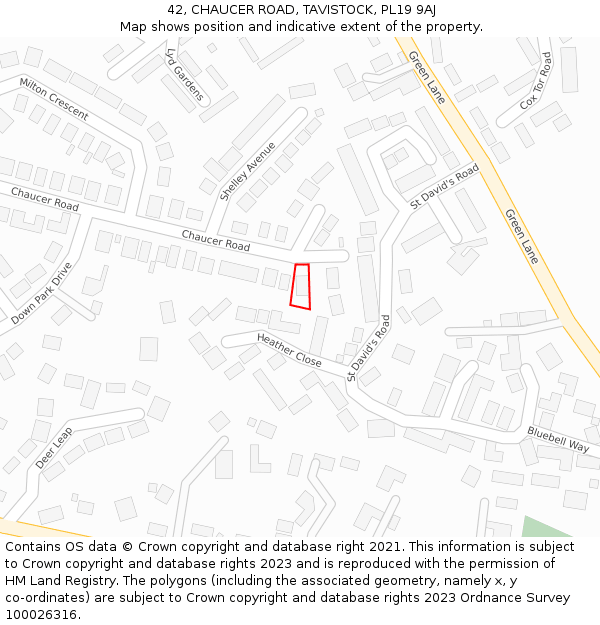 42, CHAUCER ROAD, TAVISTOCK, PL19 9AJ: Location map and indicative extent of plot