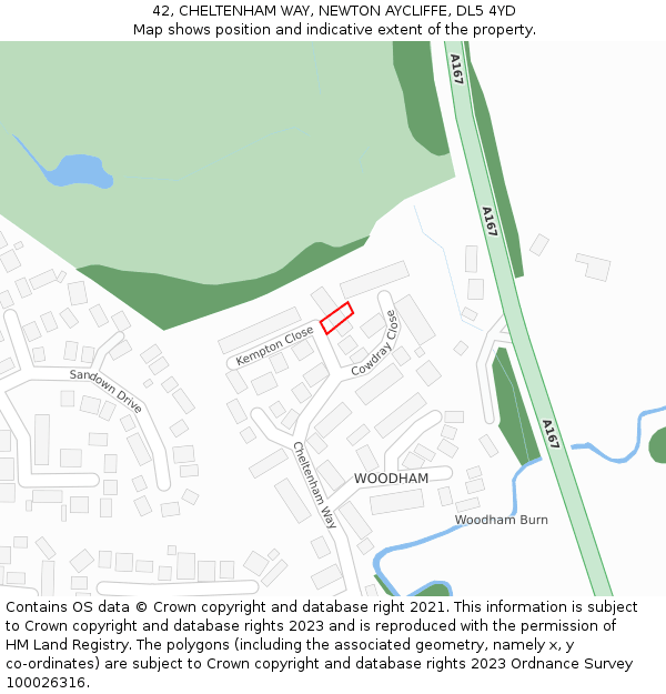 42, CHELTENHAM WAY, NEWTON AYCLIFFE, DL5 4YD: Location map and indicative extent of plot