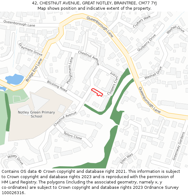 42, CHESTNUT AVENUE, GREAT NOTLEY, BRAINTREE, CM77 7YJ: Location map and indicative extent of plot