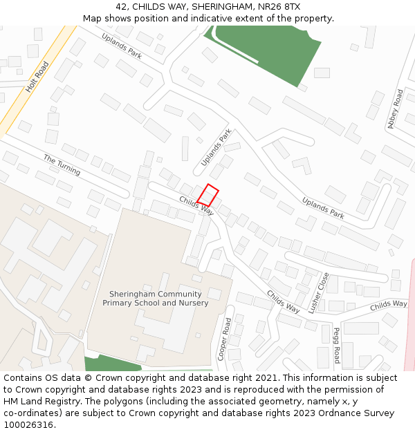 42, CHILDS WAY, SHERINGHAM, NR26 8TX: Location map and indicative extent of plot