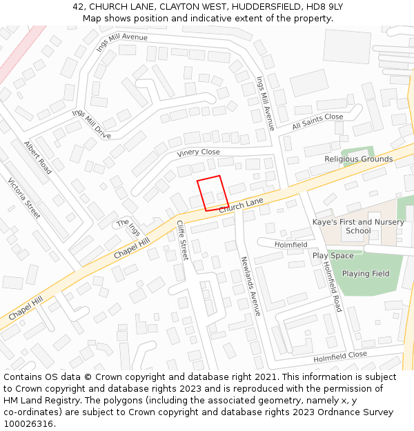 42, CHURCH LANE, CLAYTON WEST, HUDDERSFIELD, HD8 9LY: Location map and indicative extent of plot