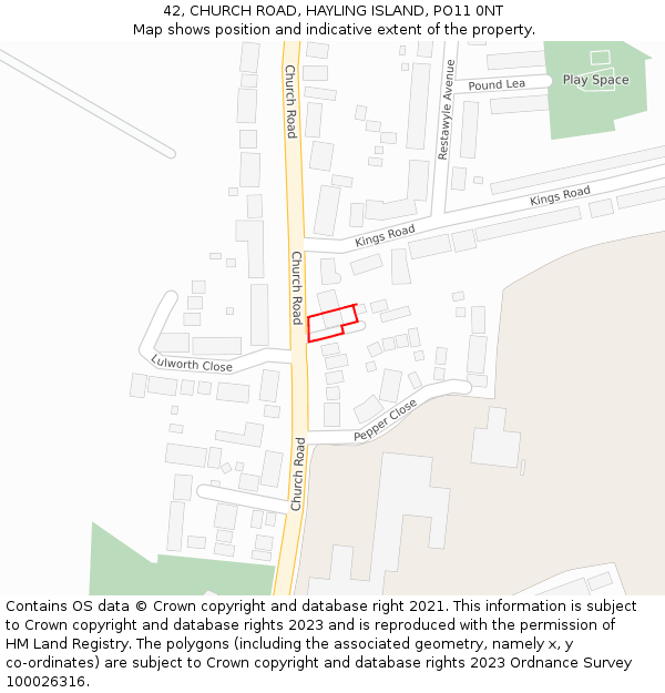 42, CHURCH ROAD, HAYLING ISLAND, PO11 0NT: Location map and indicative extent of plot