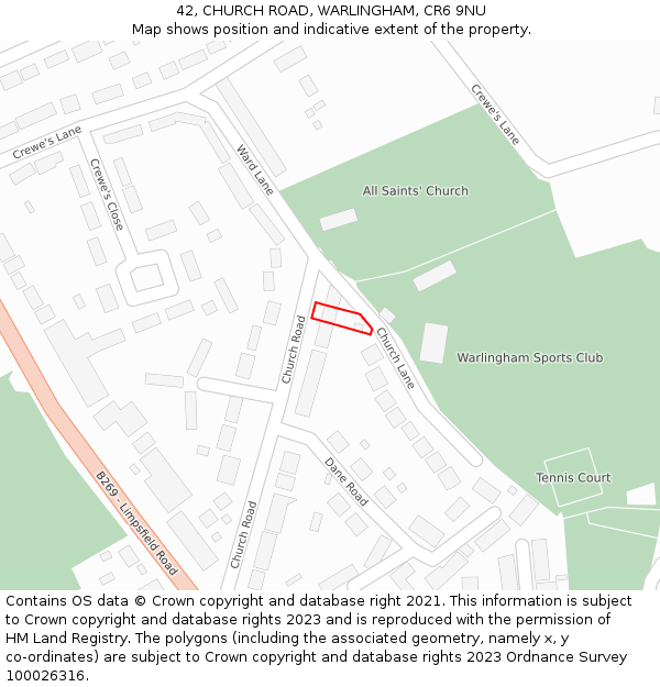 42, CHURCH ROAD, WARLINGHAM, CR6 9NU: Location map and indicative extent of plot