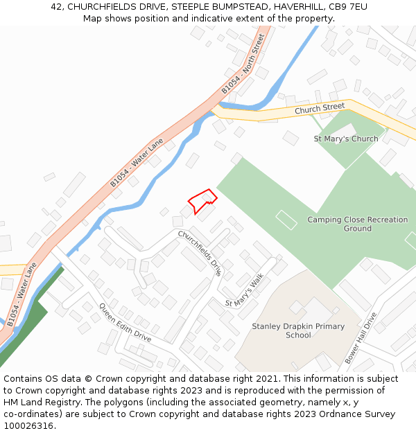 42, CHURCHFIELDS DRIVE, STEEPLE BUMPSTEAD, HAVERHILL, CB9 7EU: Location map and indicative extent of plot