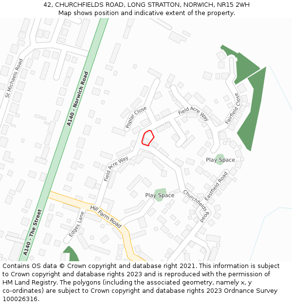 42, CHURCHFIELDS ROAD, LONG STRATTON, NORWICH, NR15 2WH: Location map and indicative extent of plot