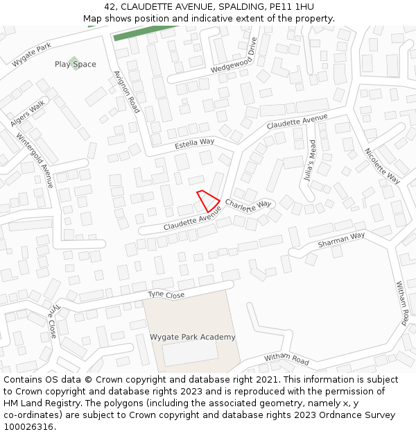 42, CLAUDETTE AVENUE, SPALDING, PE11 1HU: Location map and indicative extent of plot