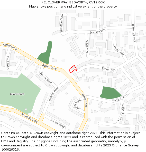 42, CLOVER WAY, BEDWORTH, CV12 0GX: Location map and indicative extent of plot