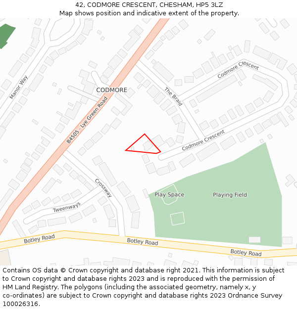 42, CODMORE CRESCENT, CHESHAM, HP5 3LZ: Location map and indicative extent of plot