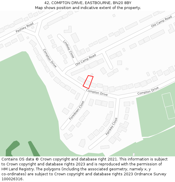 42, COMPTON DRIVE, EASTBOURNE, BN20 8BY: Location map and indicative extent of plot