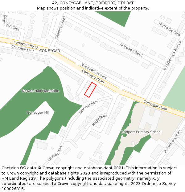 42, CONEYGAR LANE, BRIDPORT, DT6 3AT: Location map and indicative extent of plot