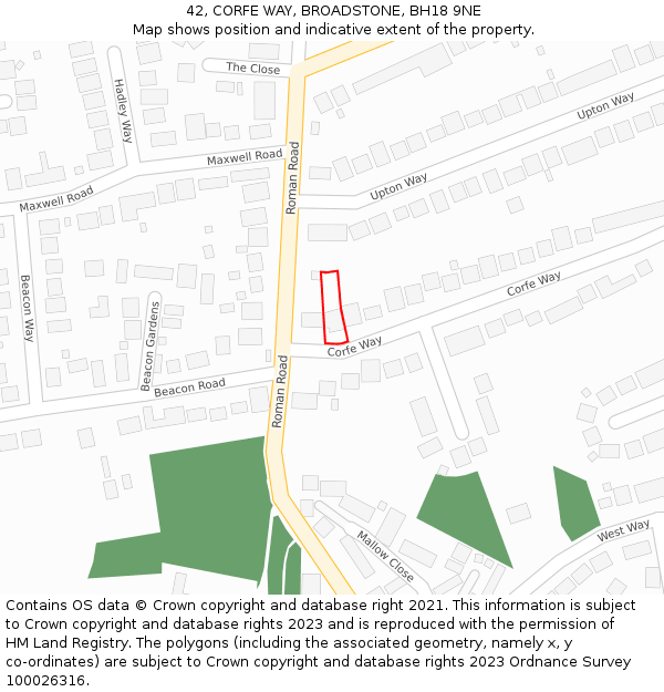 42, CORFE WAY, BROADSTONE, BH18 9NE: Location map and indicative extent of plot