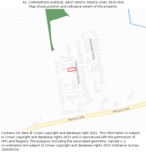 42, CORONATION AVENUE, WEST WINCH, KING'S LYNN, PE33 0NS: Location map and indicative extent of plot