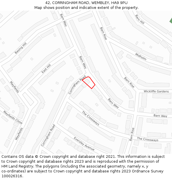 42, CORRINGHAM ROAD, WEMBLEY, HA9 9PU: Location map and indicative extent of plot