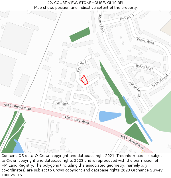 42, COURT VIEW, STONEHOUSE, GL10 3PL: Location map and indicative extent of plot