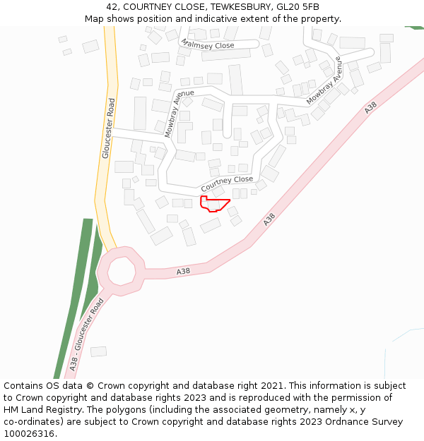 42, COURTNEY CLOSE, TEWKESBURY, GL20 5FB: Location map and indicative extent of plot