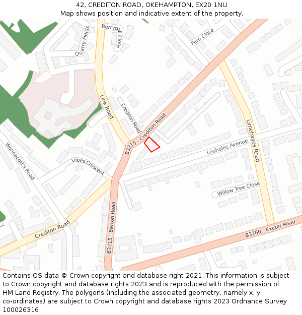 42, CREDITON ROAD, OKEHAMPTON, EX20 1NU: Location map and indicative extent of plot