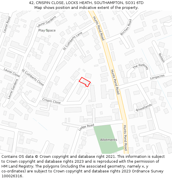 42, CRISPIN CLOSE, LOCKS HEATH, SOUTHAMPTON, SO31 6TD: Location map and indicative extent of plot