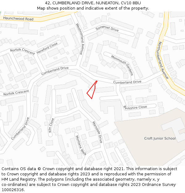 42, CUMBERLAND DRIVE, NUNEATON, CV10 8BU: Location map and indicative extent of plot