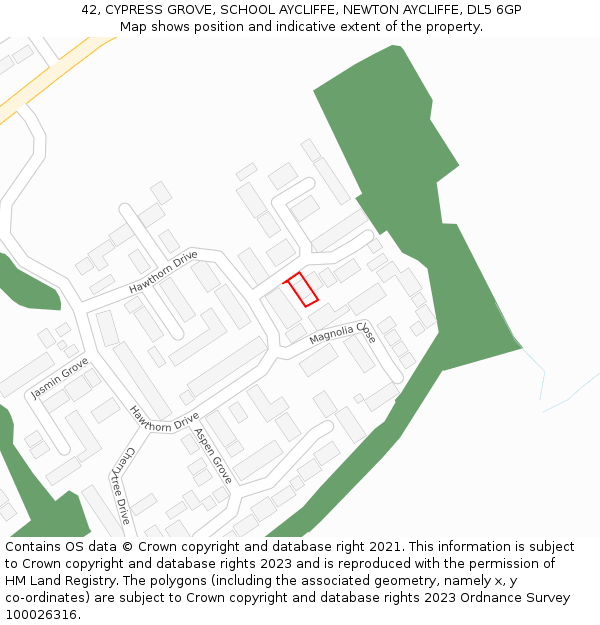 42, CYPRESS GROVE, SCHOOL AYCLIFFE, NEWTON AYCLIFFE, DL5 6GP: Location map and indicative extent of plot