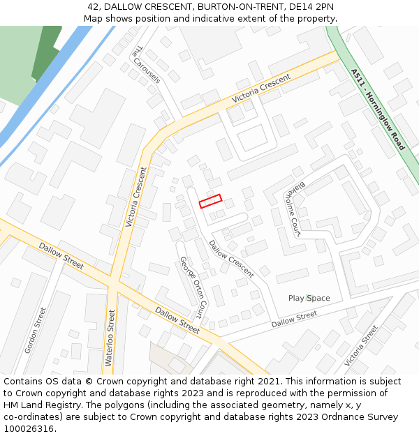 42, DALLOW CRESCENT, BURTON-ON-TRENT, DE14 2PN: Location map and indicative extent of plot