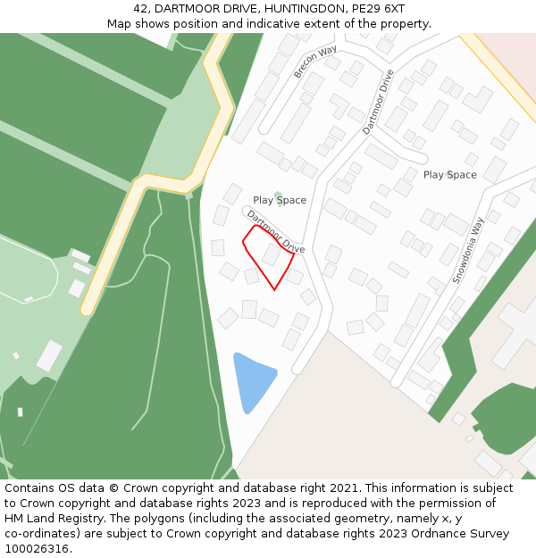 42, DARTMOOR DRIVE, HUNTINGDON, PE29 6XT: Location map and indicative extent of plot