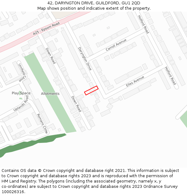 42, DARYNGTON DRIVE, GUILDFORD, GU1 2QD: Location map and indicative extent of plot