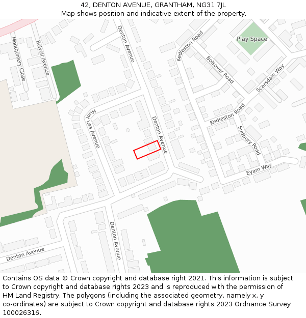 42, DENTON AVENUE, GRANTHAM, NG31 7JL: Location map and indicative extent of plot