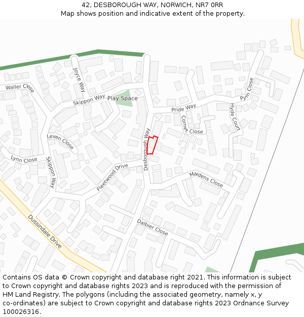 42, DESBOROUGH WAY, NORWICH, NR7 0RR: Location map and indicative extent of plot