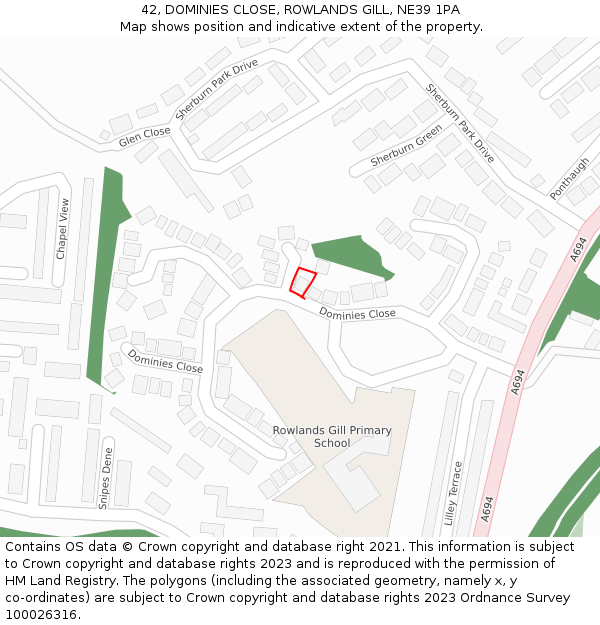 42, DOMINIES CLOSE, ROWLANDS GILL, NE39 1PA: Location map and indicative extent of plot