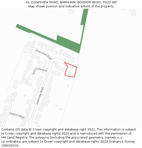 42, DOWNVIEW ROAD, BARNHAM, BOGNOR REGIS, PO22 0EF: Location map and indicative extent of plot