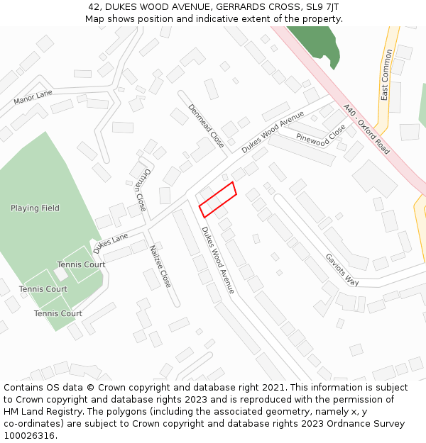 42, DUKES WOOD AVENUE, GERRARDS CROSS, SL9 7JT: Location map and indicative extent of plot