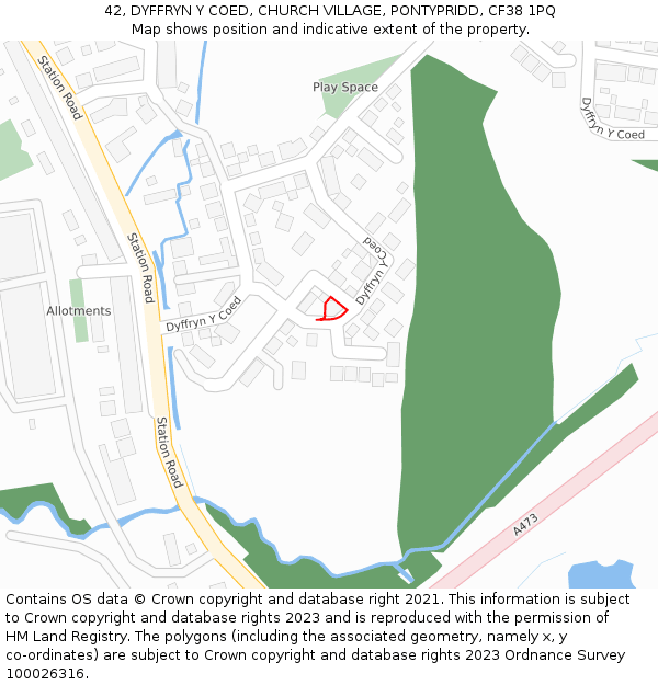 42, DYFFRYN Y COED, CHURCH VILLAGE, PONTYPRIDD, CF38 1PQ: Location map and indicative extent of plot