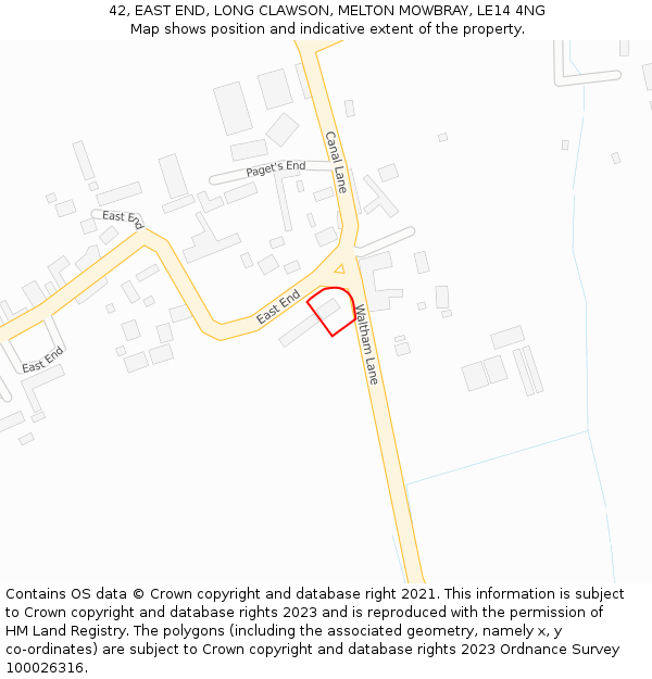 42, EAST END, LONG CLAWSON, MELTON MOWBRAY, LE14 4NG: Location map and indicative extent of plot