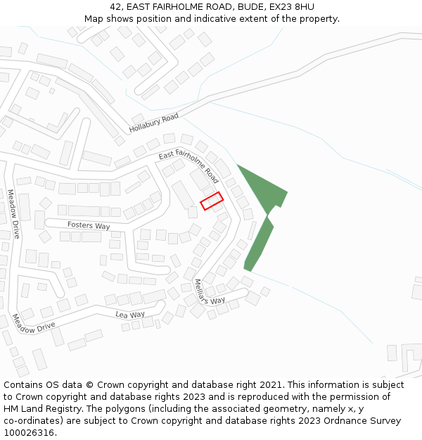 42, EAST FAIRHOLME ROAD, BUDE, EX23 8HU: Location map and indicative extent of plot