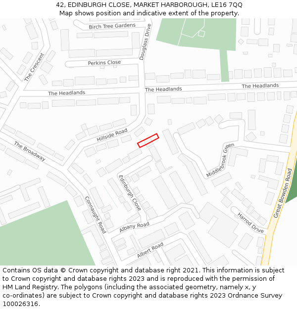42, EDINBURGH CLOSE, MARKET HARBOROUGH, LE16 7QQ: Location map and indicative extent of plot