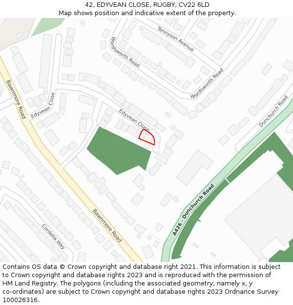 42, EDYVEAN CLOSE, RUGBY, CV22 6LD: Location map and indicative extent of plot