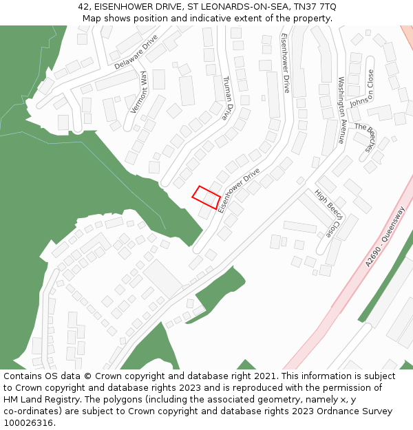 42, EISENHOWER DRIVE, ST LEONARDS-ON-SEA, TN37 7TQ: Location map and indicative extent of plot