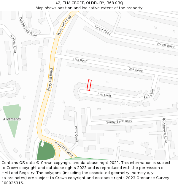 42, ELM CROFT, OLDBURY, B68 0BQ: Location map and indicative extent of plot