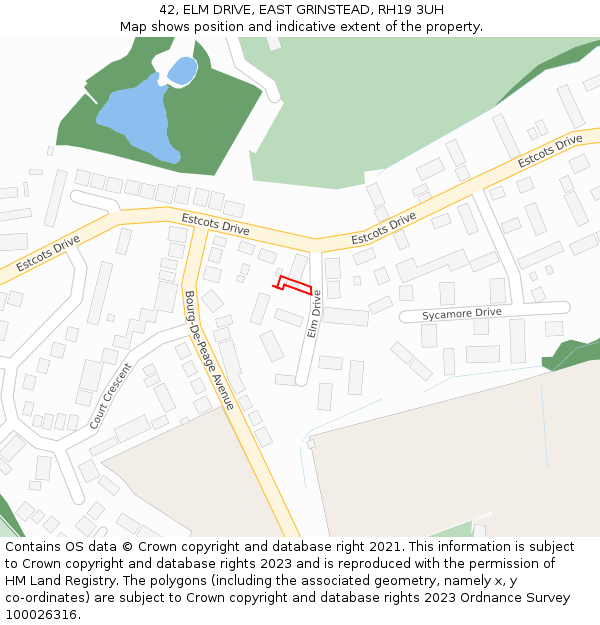 42, ELM DRIVE, EAST GRINSTEAD, RH19 3UH: Location map and indicative extent of plot