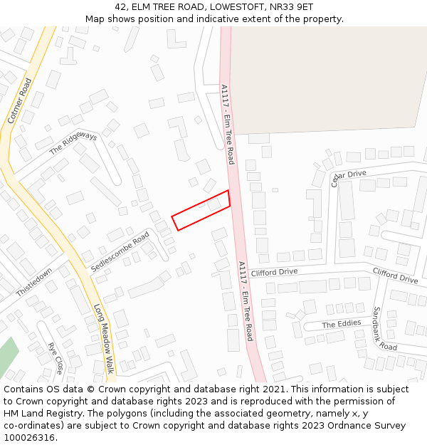 42, ELM TREE ROAD, LOWESTOFT, NR33 9ET: Location map and indicative extent of plot