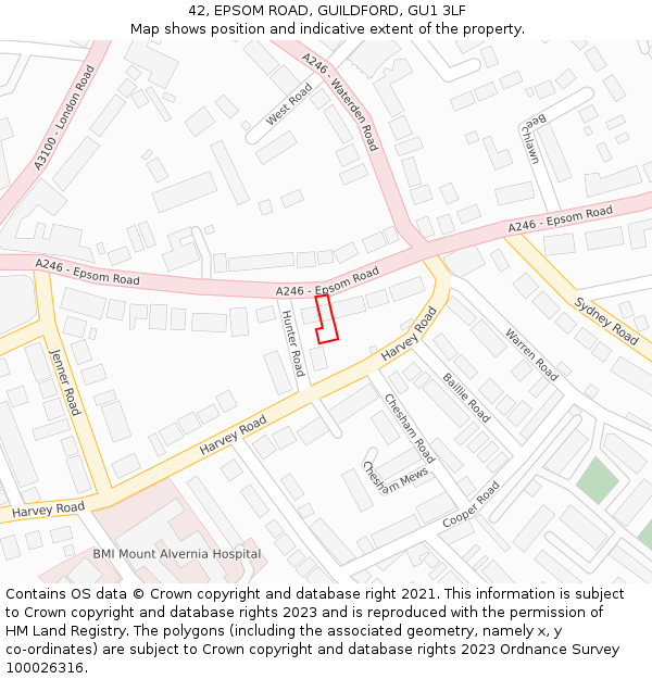 42, EPSOM ROAD, GUILDFORD, GU1 3LF: Location map and indicative extent of plot