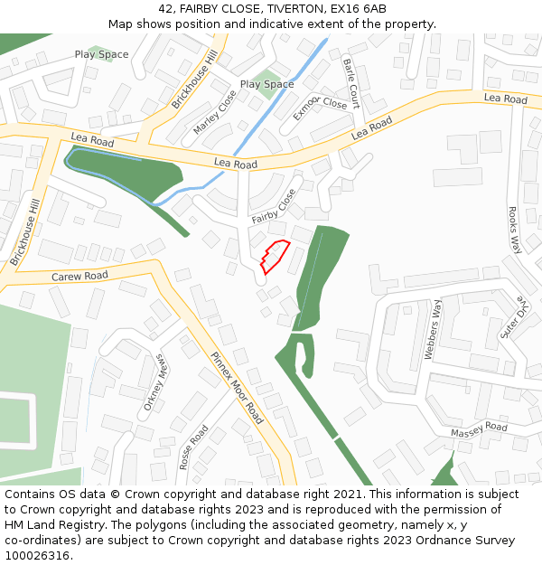 42, FAIRBY CLOSE, TIVERTON, EX16 6AB: Location map and indicative extent of plot