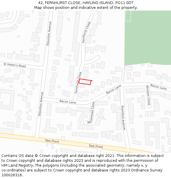 42, FERNHURST CLOSE, HAYLING ISLAND, PO11 0DT: Location map and indicative extent of plot