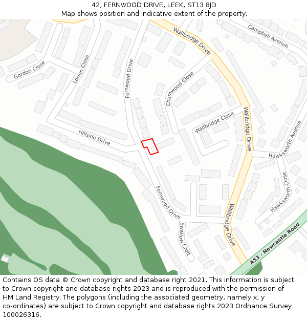 42, FERNWOOD DRIVE, LEEK, ST13 8JD: Location map and indicative extent of plot