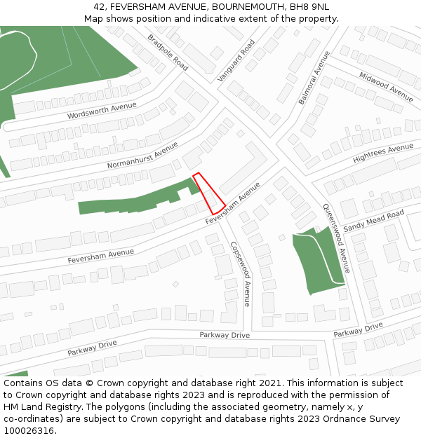 42, FEVERSHAM AVENUE, BOURNEMOUTH, BH8 9NL: Location map and indicative extent of plot